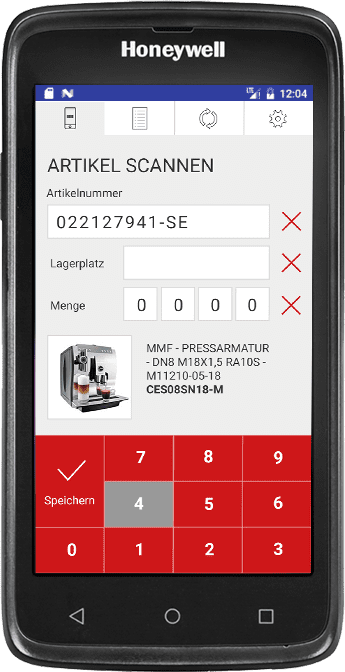 Die emfITs OBS-App auf einem mobile Barcodescanner von Honeywell